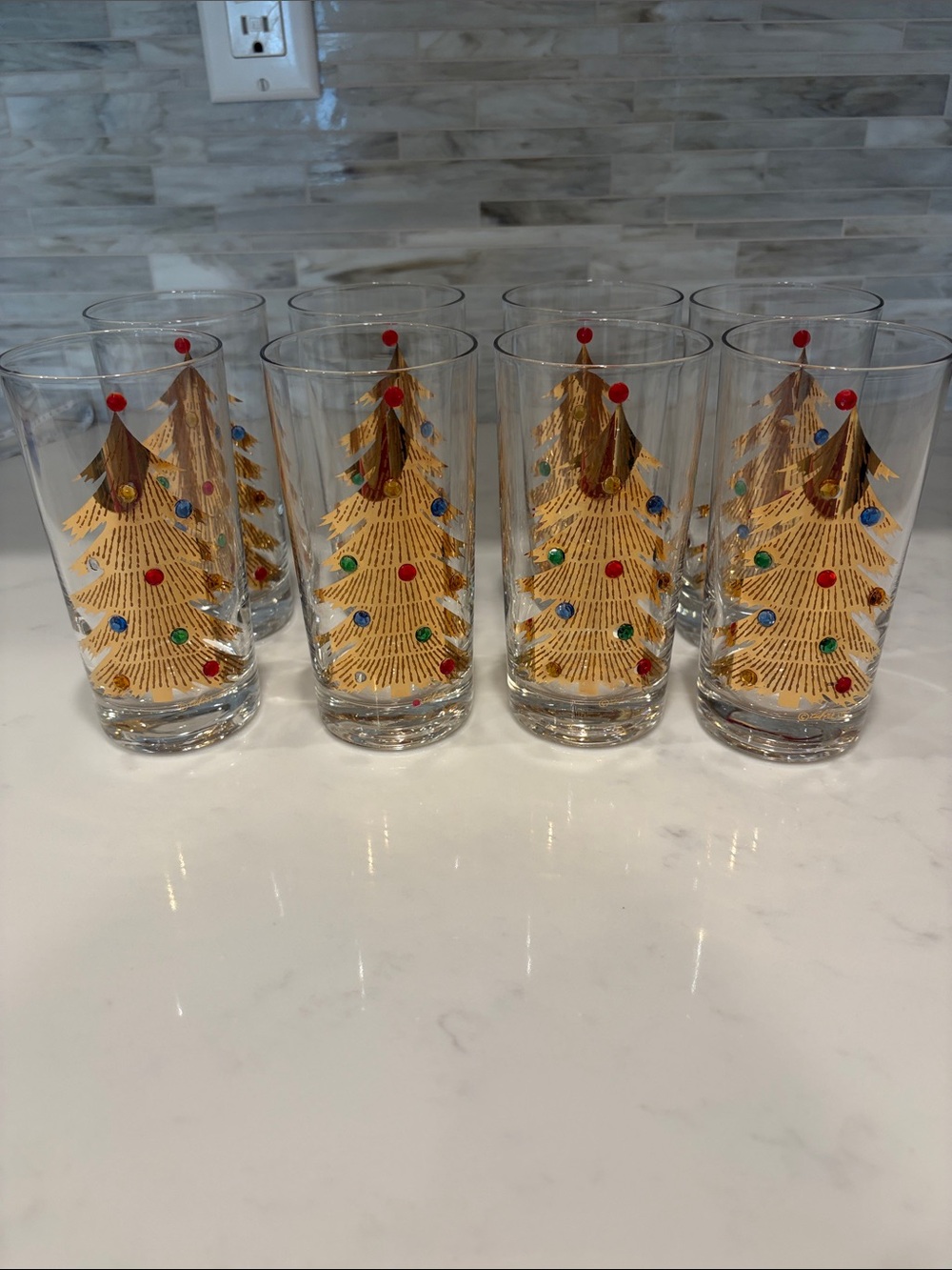 Vintage Christmas Highball Glasses Culver Gold Tree w Jewels Signed Set of 8 - Picture 2 of 9
